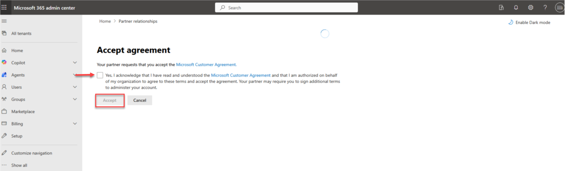 Microsoft 365 admin center, accept Microsoft Customer Agreement page
