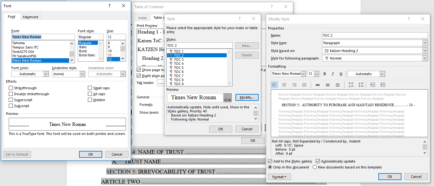 table of contents in word 365