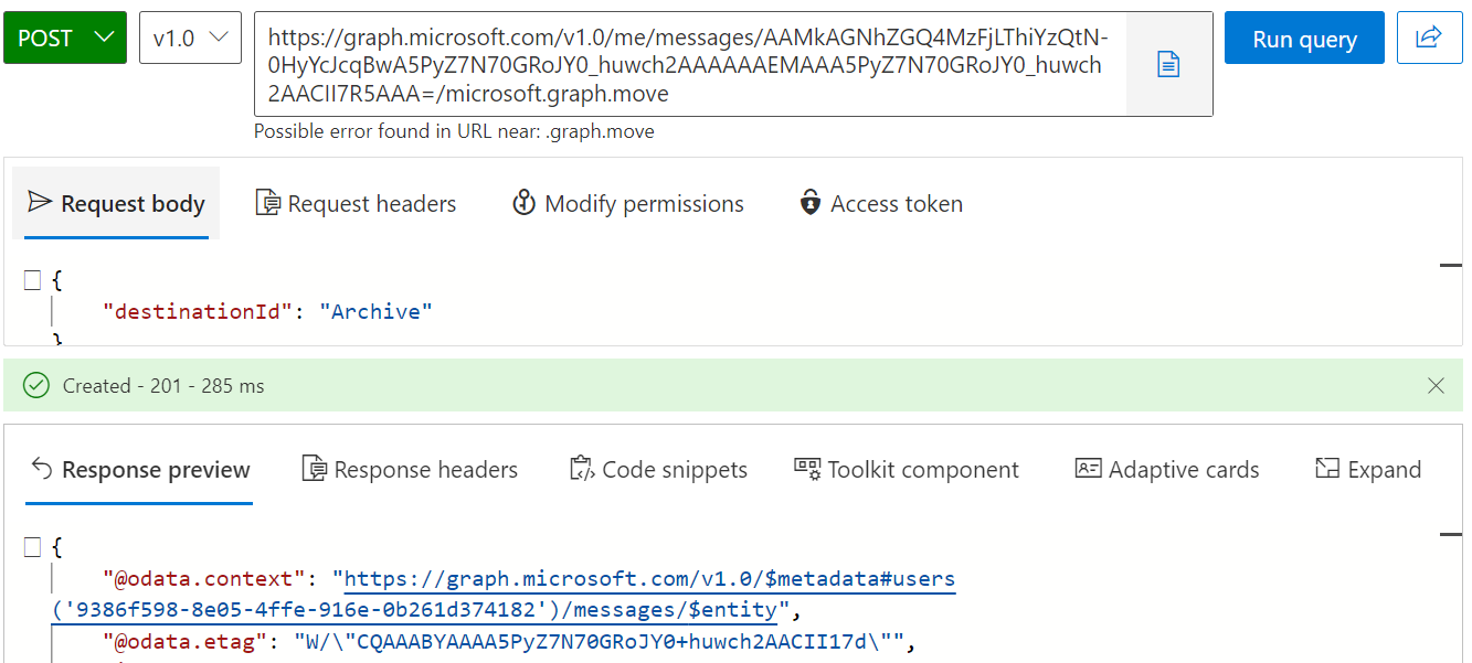 The move message in Graph API is working for the first mail. But for ...