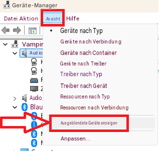 Geräte-ManagerDateiAktionAnsichtHilfeGeräte nach TypVampirGeräte nach VerbindungAudioGeräte nach ContainerGeräte nach TreiberFTreiber nach Typ2Treiber nach GerätAudioRessourcen nach Typ*BlauRessourcen nach VerbindungZuckerrohrAusgeblendete Geräte anzeigenAnpassen...
