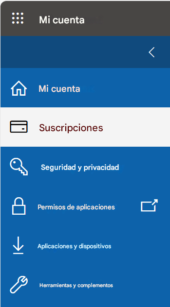 Mi cuenta<Mi cuentaSuscripcionesSeguridad y privacidadPermisos de aplicacionesAplicaciones y dispositivosHerramientas y complementos
