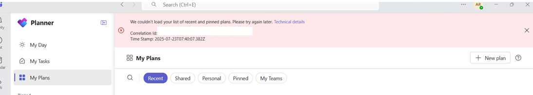 Team getting correlation id errors when trying to use planner app ...