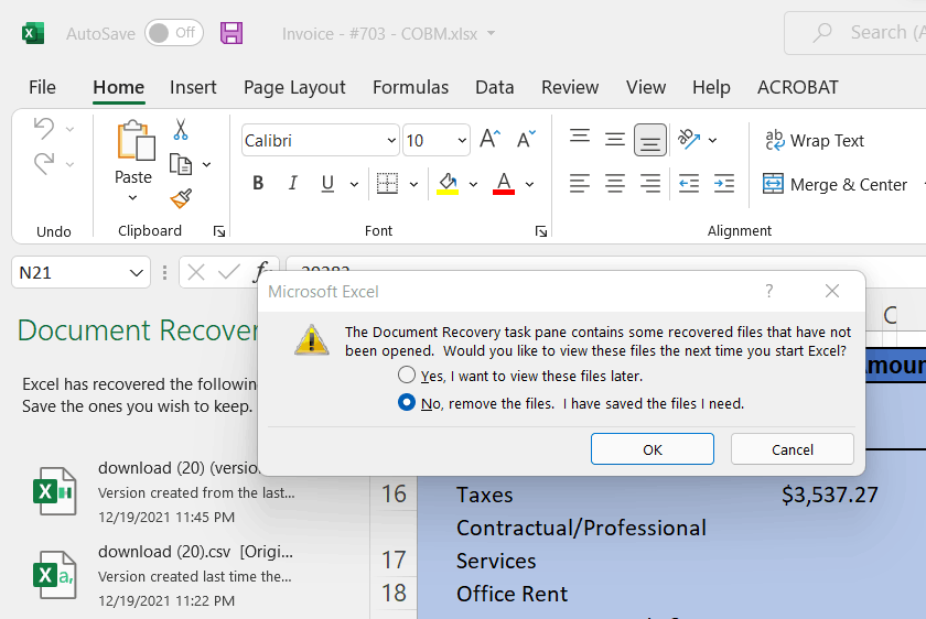 Document recovery warning: How do I change the default answer from "No ...