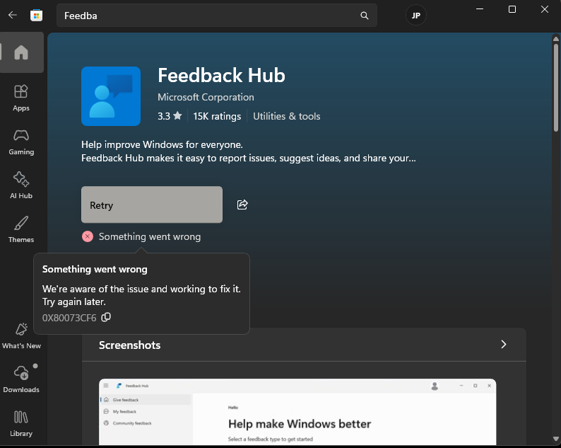 Feedback Hub Won't Reinstall From Store