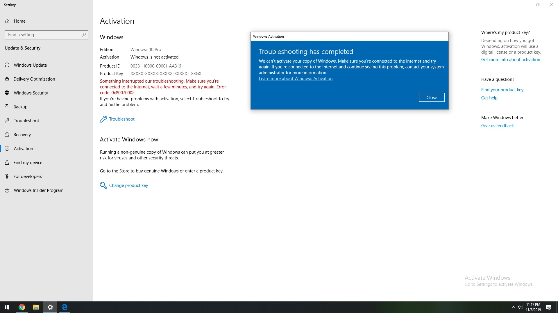Windows 10 Pro Activation Troubleshooting Error 0x80070002 - Microsoft Q&A