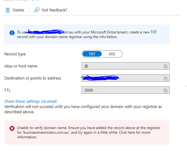 Custom Domain verification fails in the Entra Id - Microsoft Q&A