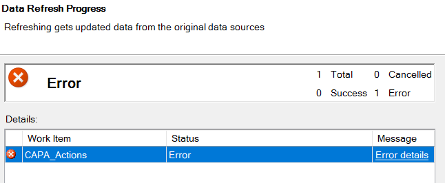 One of the tables in my data model receives an error and will not ...