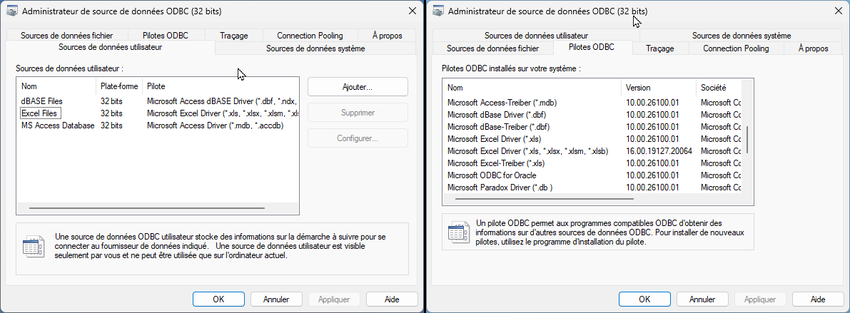 Administrateur de source de données ODBC (32 bits)