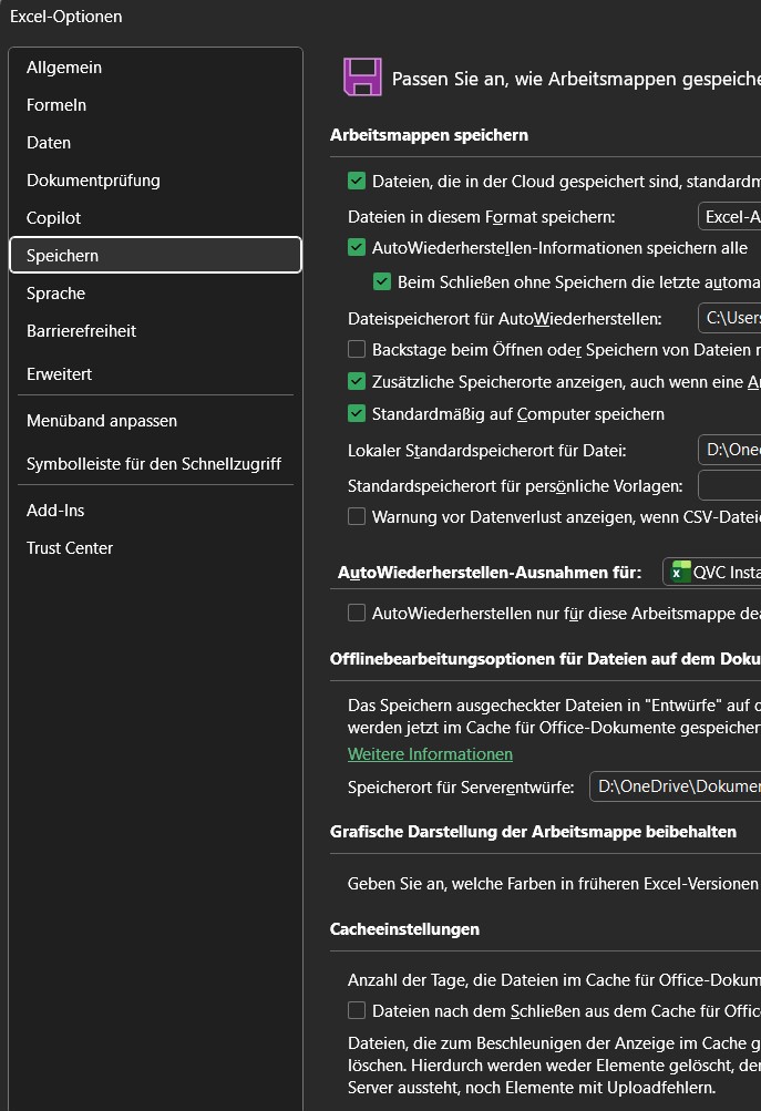 Screenshot Speicheroptionen