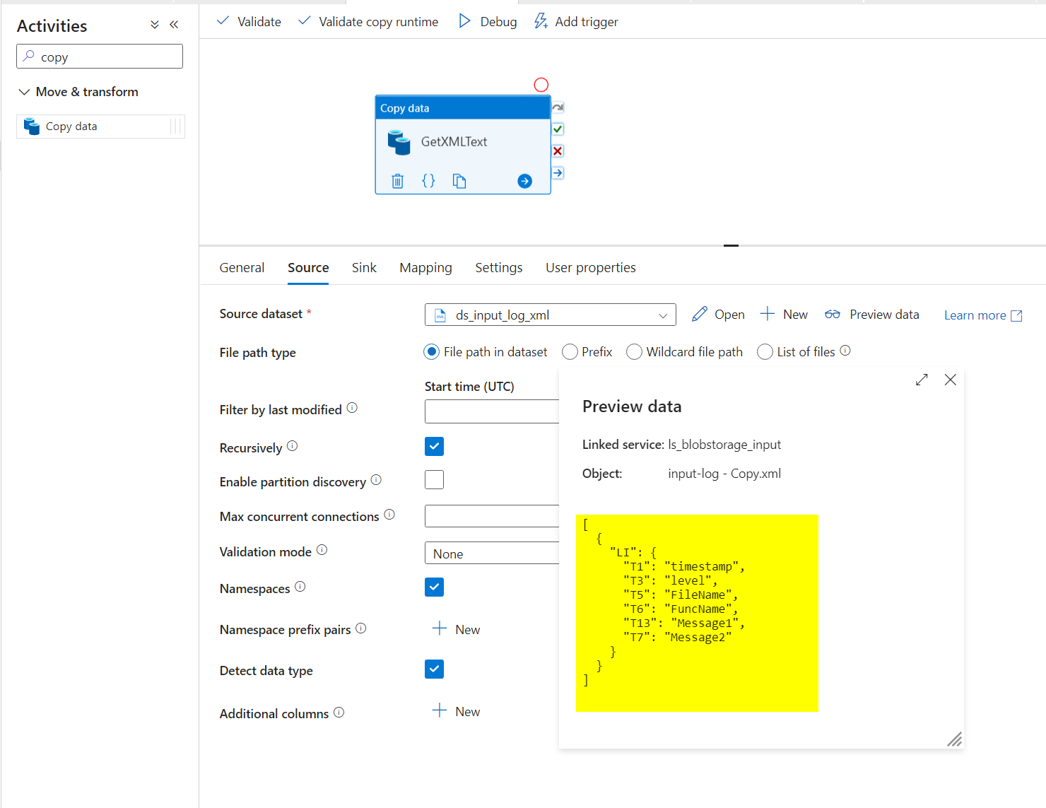 Which dataset and schema to choose in Azure Data Factory for log ...
