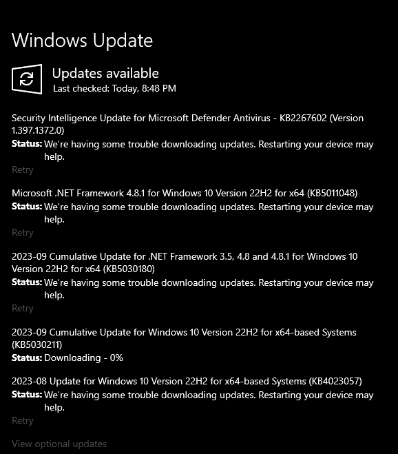 Windows 10 Update "We're having some trouble downloading updates ...