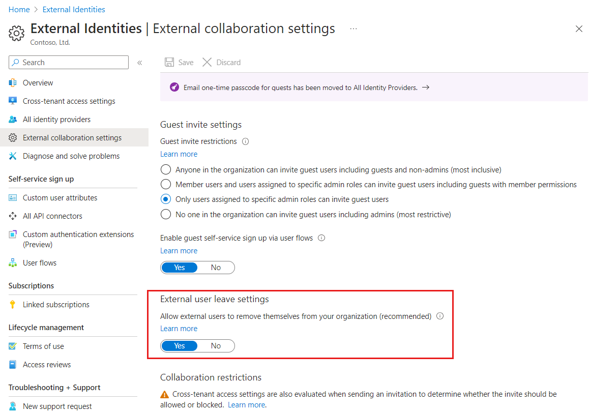 Screenshot showing External user leave settings in the portal.