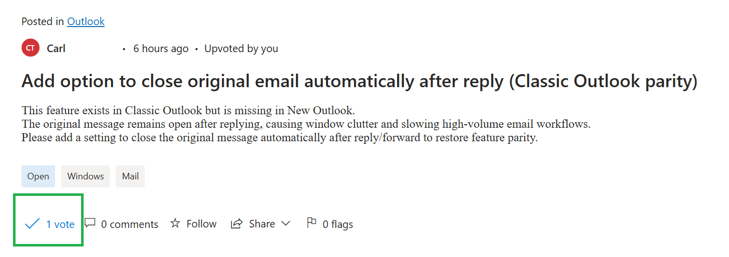 Add option to close original email automatically after reply (Classic ...