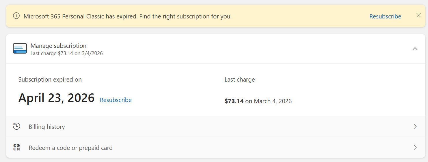 I renewed my Microsoft 365 Personal Classic subscription on 4th March ...