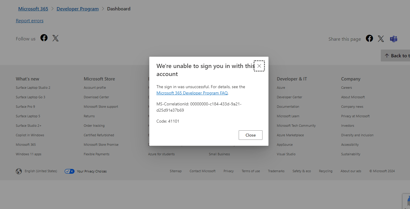 I am getting an error while accessing my microsoft developer account ...
