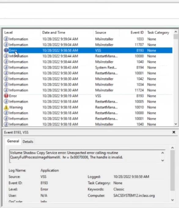 What will we should take action for the volume shadow copy error ...