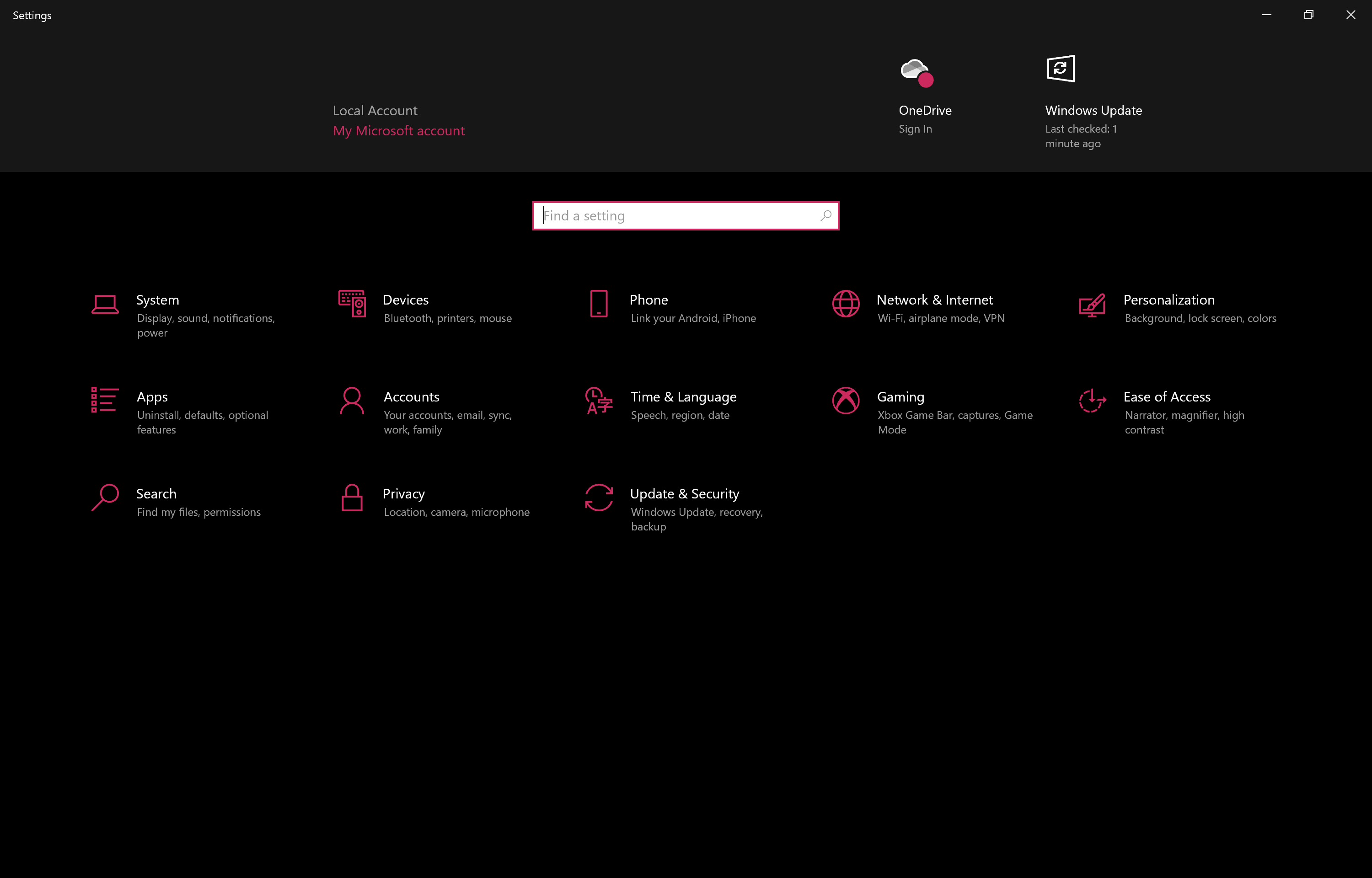 Windows 10 settings home page showing Microsoft account as local ...