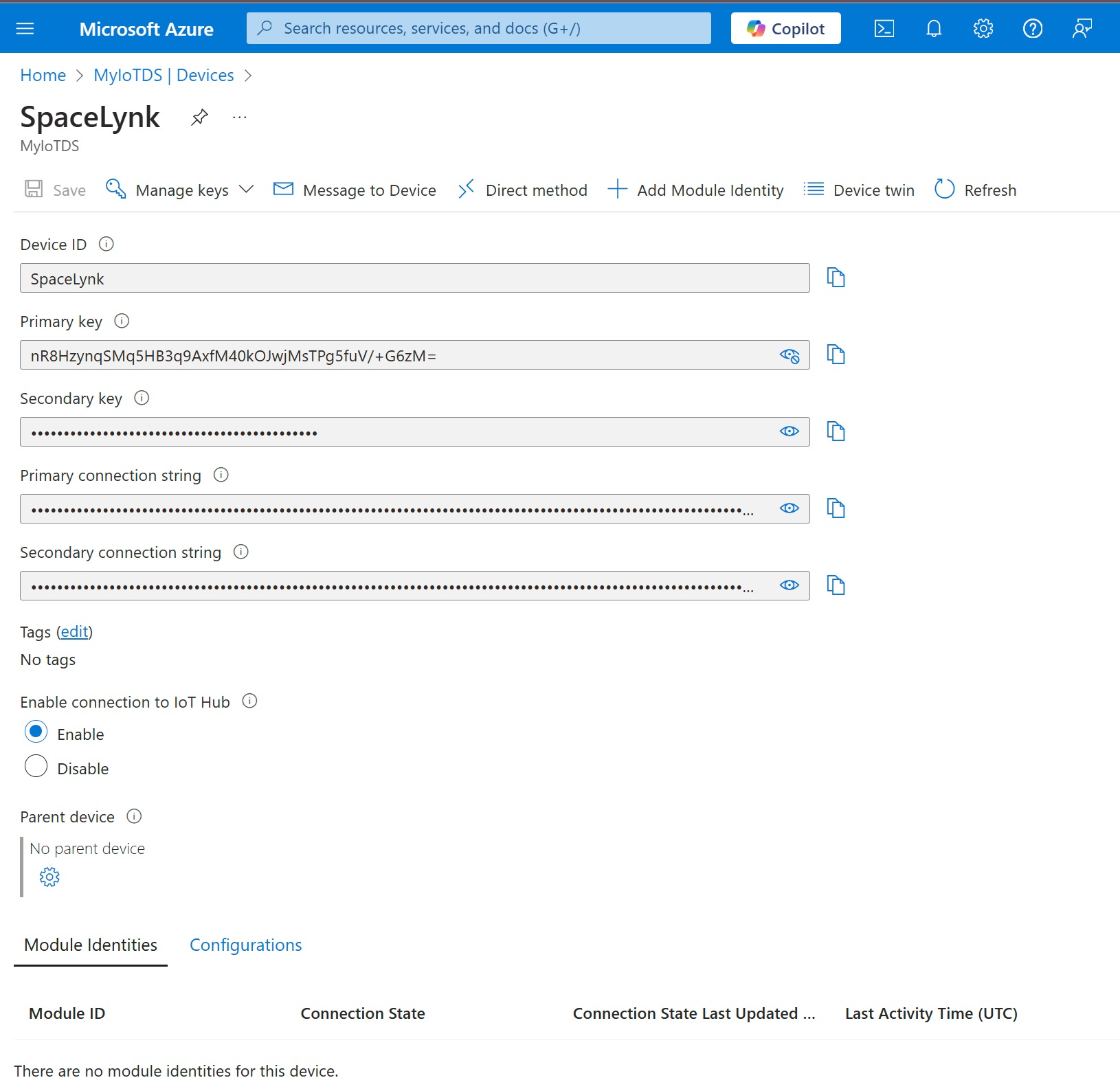 My IoT Hub - device settings