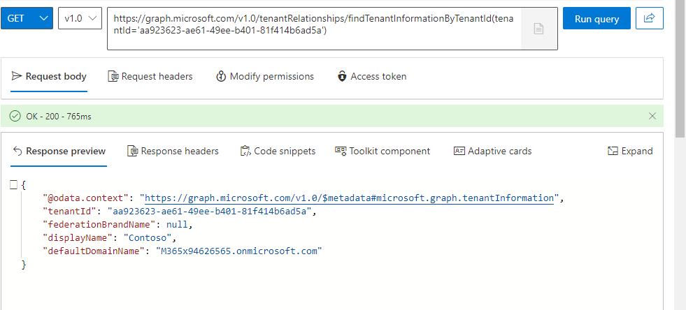 When searching for a tenant using the tenant ID value through Graph API ...