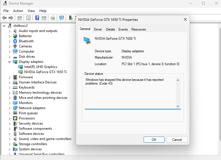 Code 43 on GPU Device Manager. - Microsoft Q&A