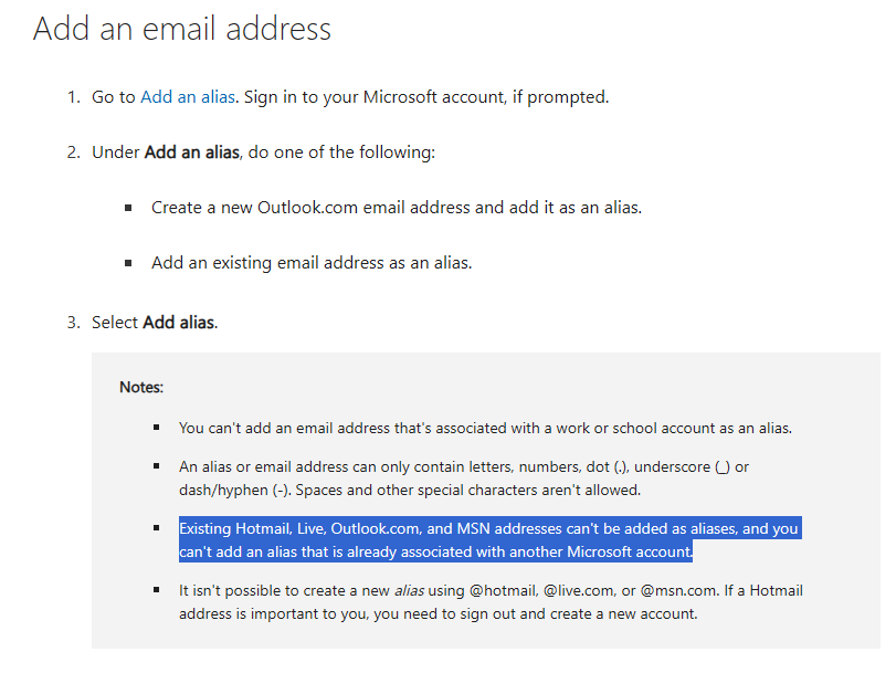 Can't add additional existing email address to my M365 account ...