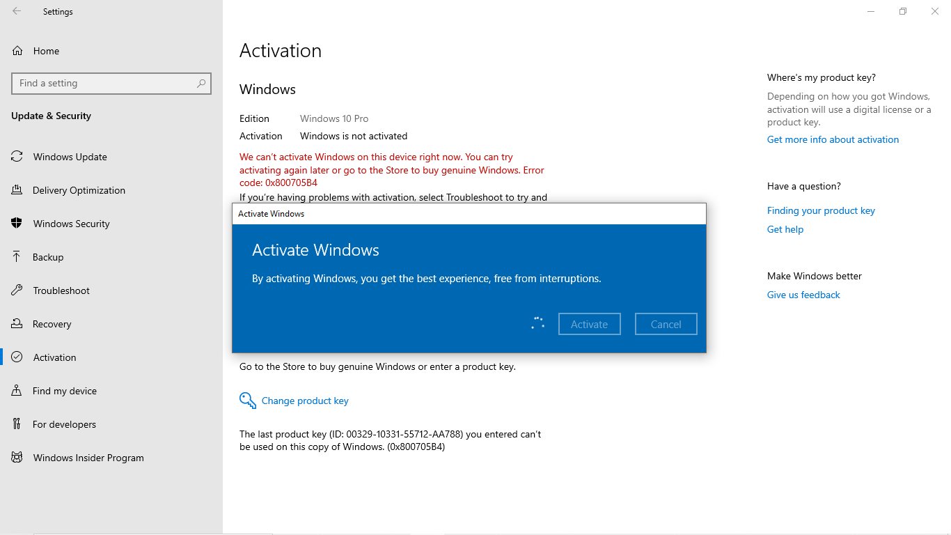 Window 10 Pro Activate Error 0x800705B4 - Microsoft Q&A