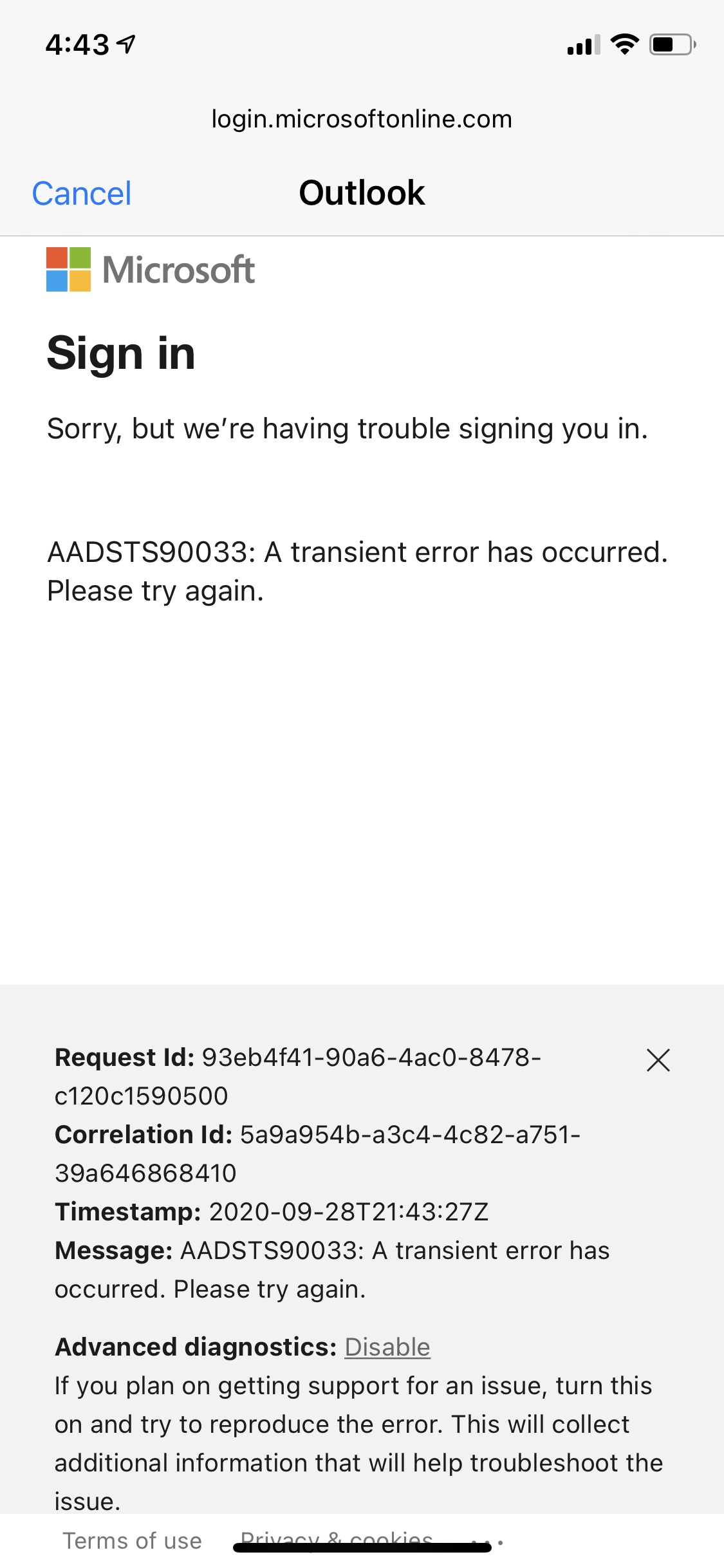 “Sign in Error” on iPhone - Microsoft Q&A