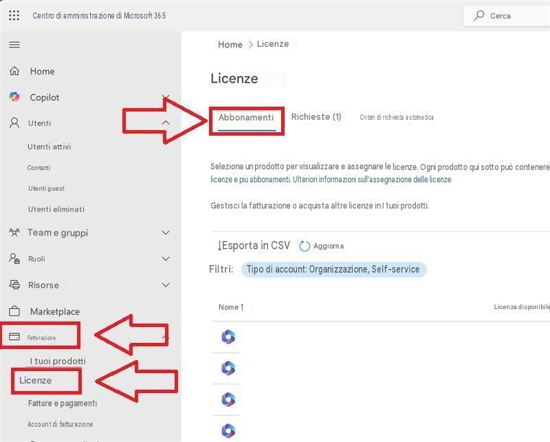 Centro di amministrazione di Microsoft 365HomeLicenzeCercaHomeLicenzeCopilotUtentiAbbonamentiRichieste (1)Criteri di richiesta automaticaUtenti attiviContattiSeleziona un prodotto per visualizzare e assegnare le licenze. Ogni prodotto qui sotto può contenere licenze e più abbonamenti. Ulteriori informazioni sull'assegnazione delle licenzeUtenti guestGestisci la fatturazione o acquista altre licenze in I tuoi prodotti.Utenti eliminatiTeam e gruppi↓Esporta in CSVAggiornaRuoliFiltri:Tipo di account: Organizzazione, Self-serviceRisorseMarketplaceNome ↑Licenza disponibileFatturazioneI tuoi prodottiLicenzeFatture e pagamentiAccount di fatturazione