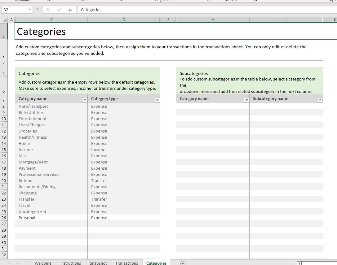Money In Excel: Categories sheet: Sub-Categories section: Category drop ...