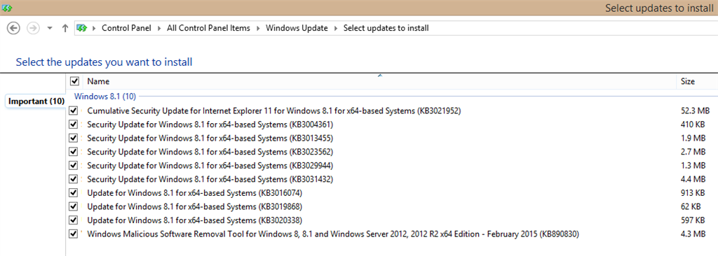 Windows Update - little orange marks in front of some updates' names ...