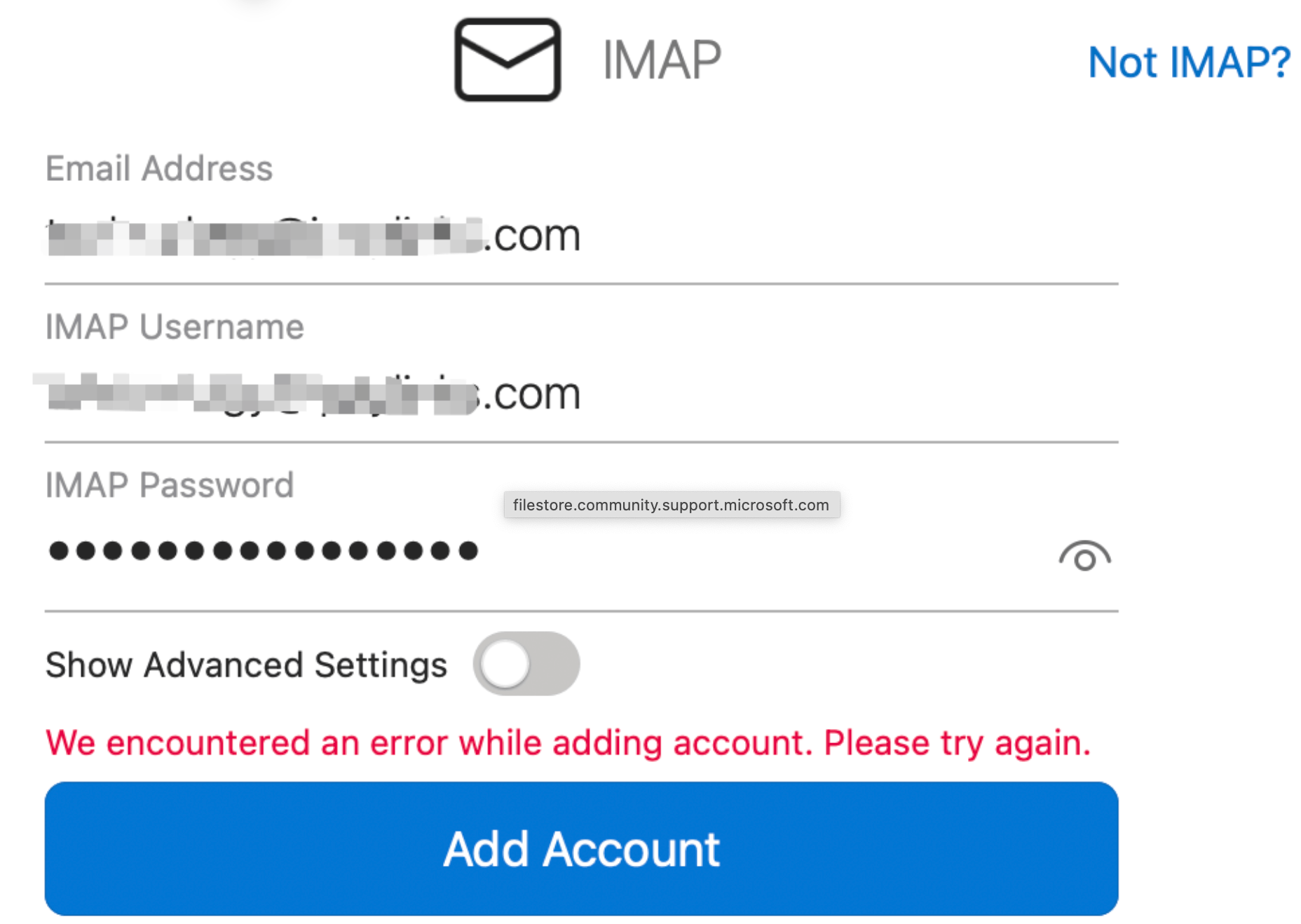 Lon in Outlook error:We encountered an error while adding account ...