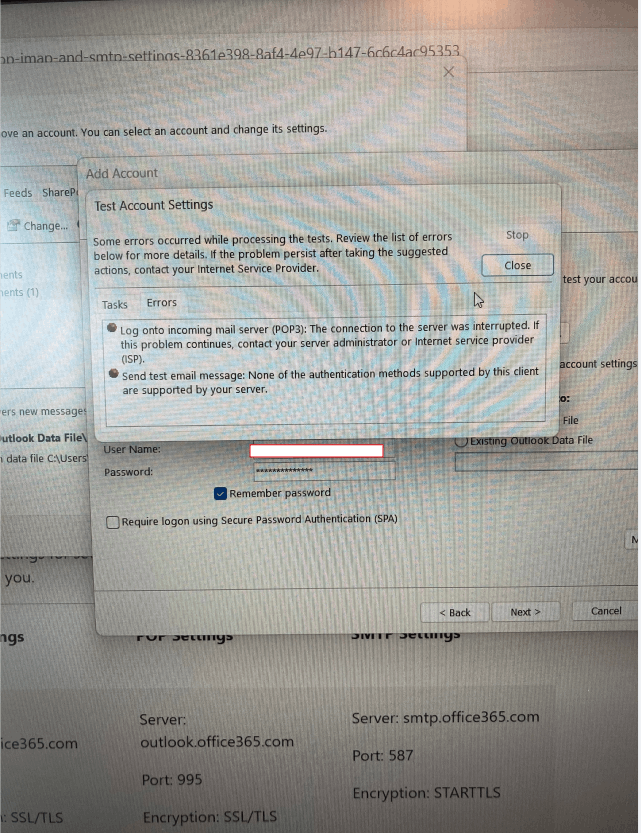 Resetting the password to a POP-3 email server in Outlook 365 ...