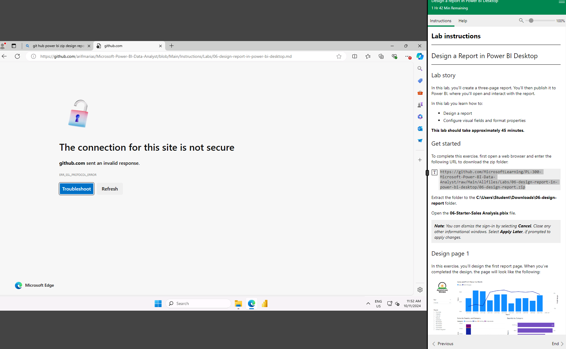 Unable to download Design a Report in Power BI Desktop Lab. "The ...