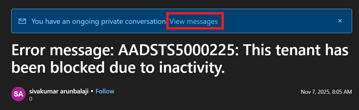 Error message: AADSTS5000225: This tenant has been blocked due to ...