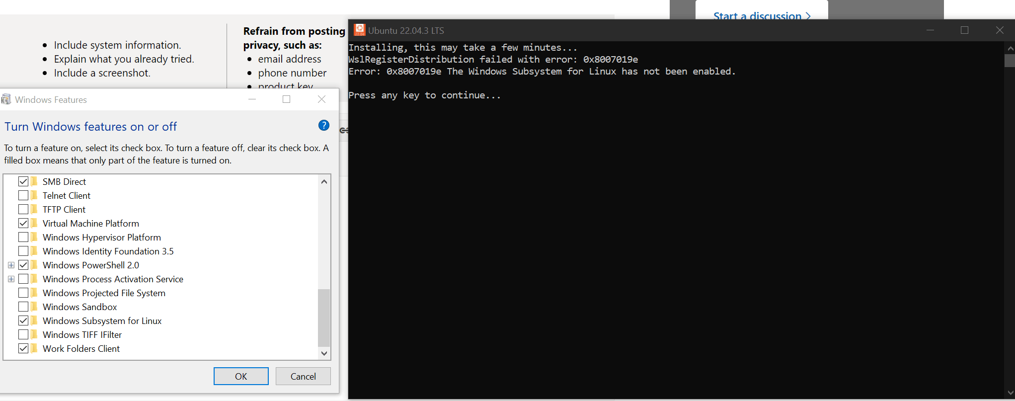 Unable to install WSL despite enabling it - Microsoft Q&A