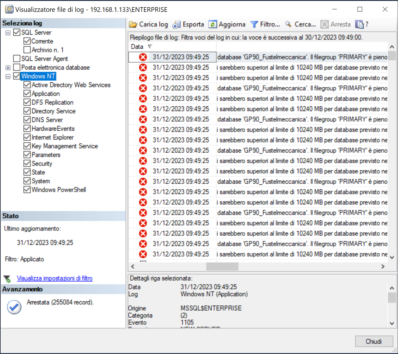 Errori log MSSQL