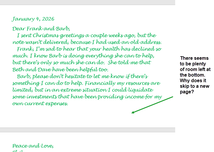 why does word document skips to new page