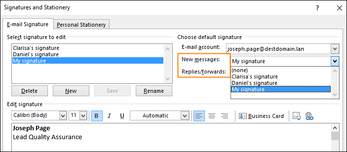 Set a default signature for one email address, and a different default ...
