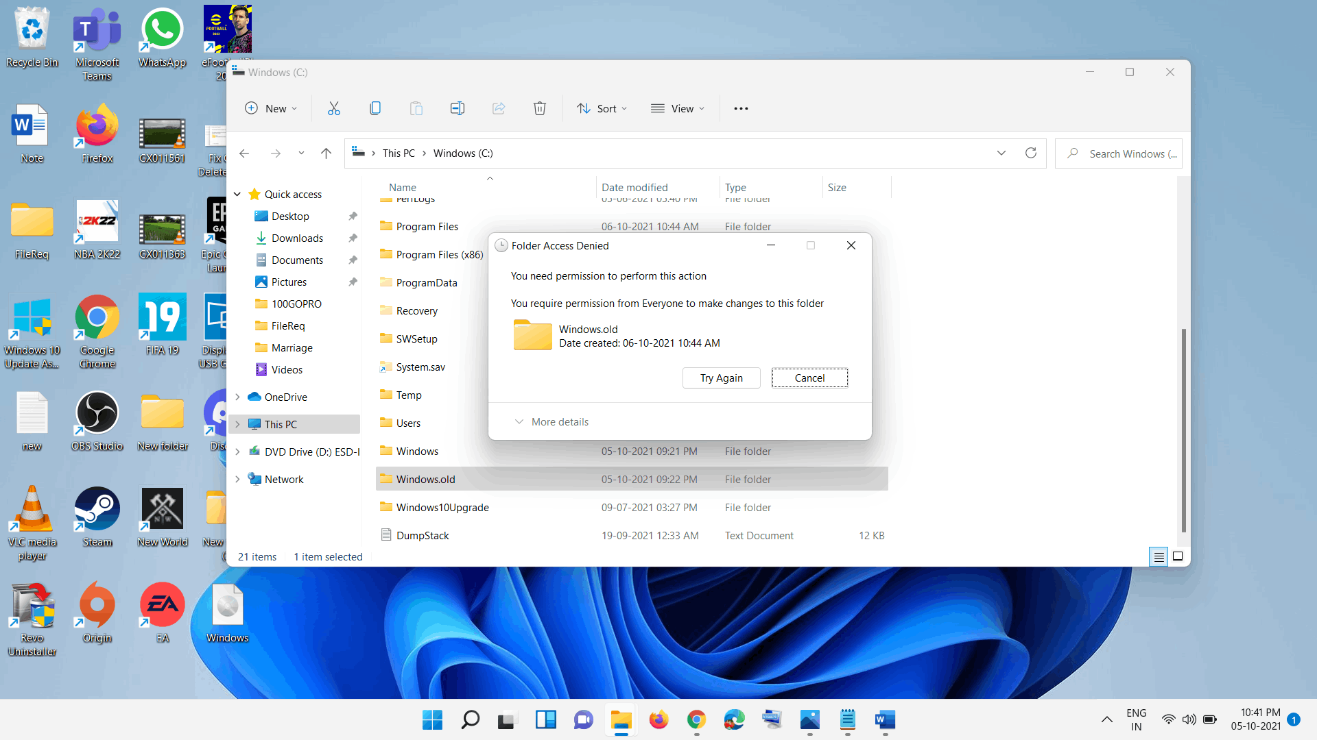 Cannot delete Windows.old folder - Microsoft Q&A