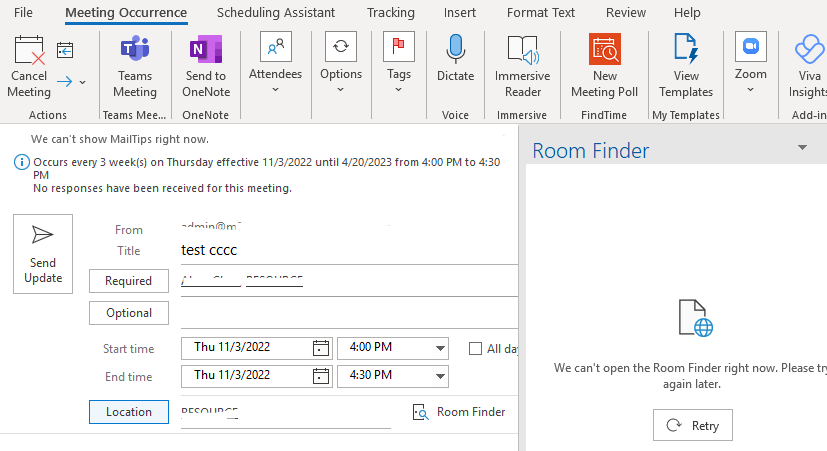 Meeting room status shows as Unknown in Room Finder if a recurrency has ...