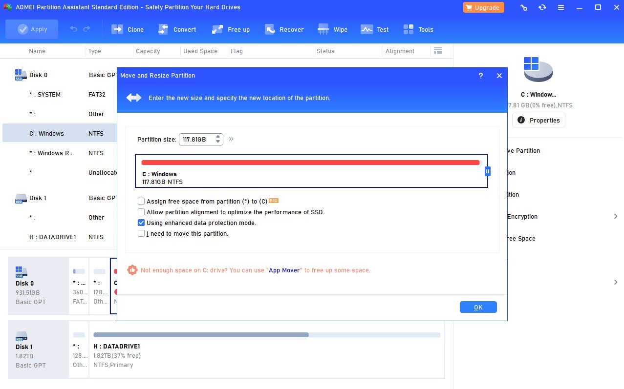 I'm trying to add unlocated space to my C drive but it won't let me do ...