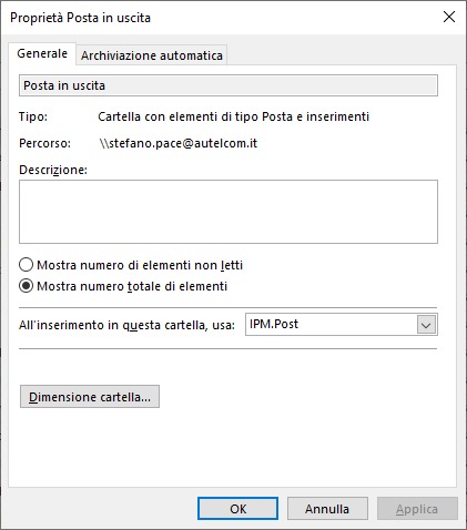 Screenshot proprietà cartella Posta in Uscita