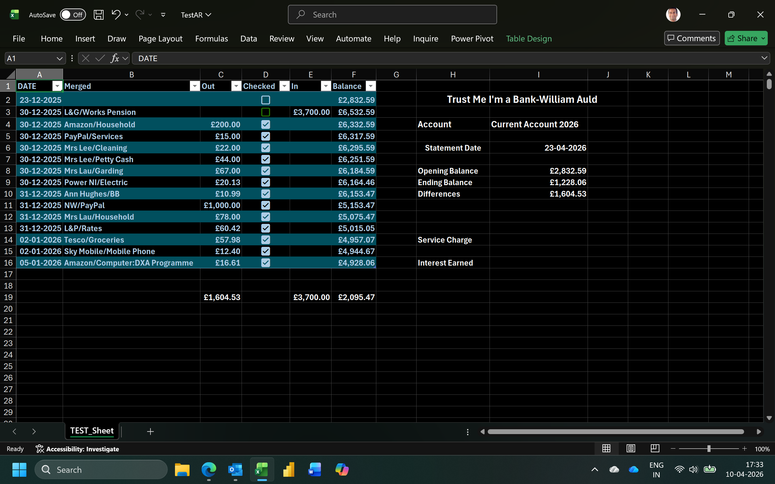 I want to do a Bank reconciliation with opening/closing values ...