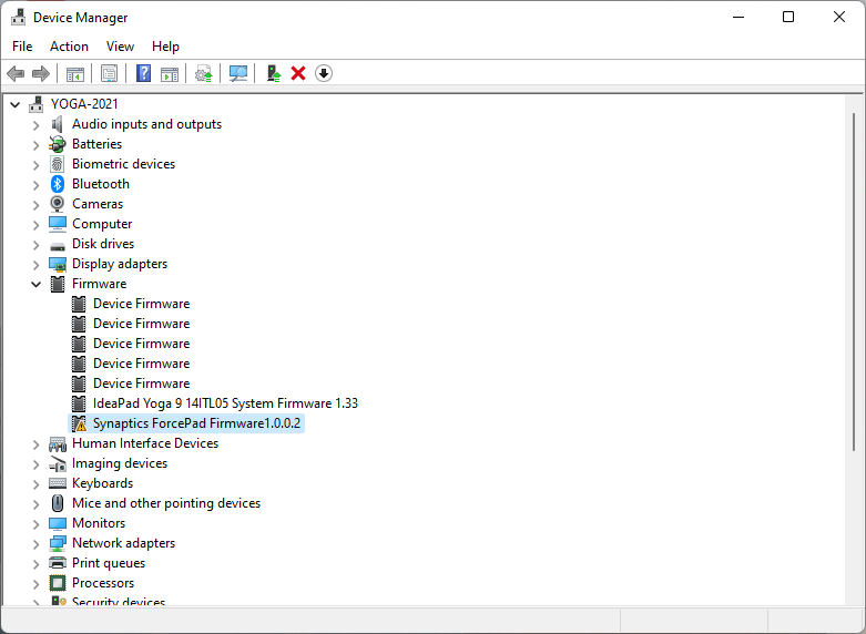 Synaptics ForcePad Firmware1.00.2 driver has a yellow exclamation ...