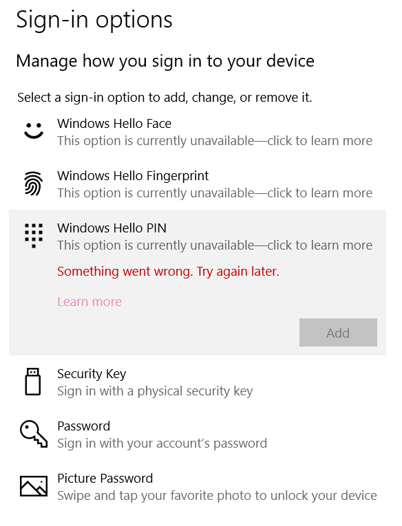 Windows Hello sign in options stopped working - Microsoft Q&A