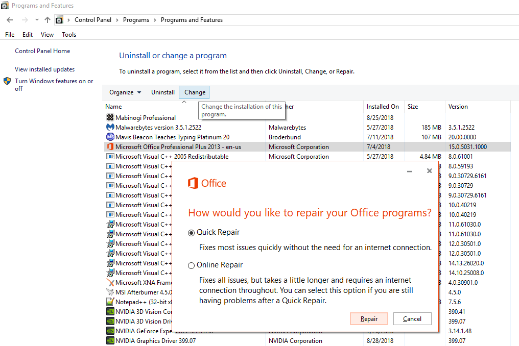 MS Office keeps on prompting error message when I open the application ...