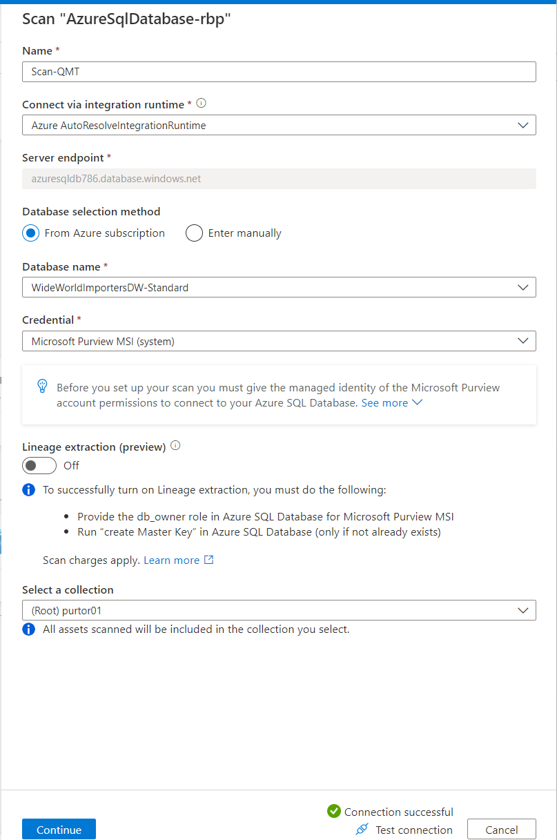 Purview sql database scanning error - Error: (3860) Required role of ...