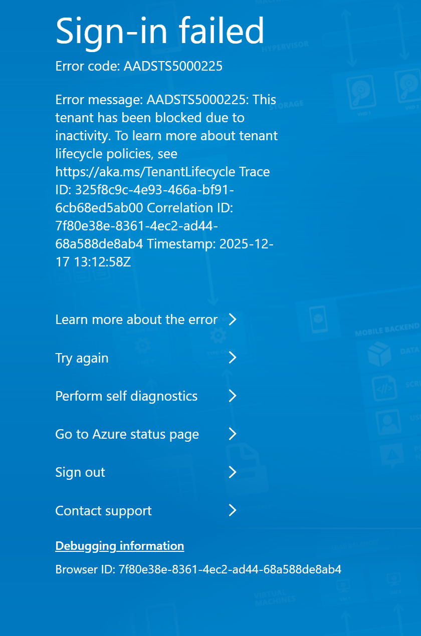 Not able to login on Azure Portal. Getting the following error ...