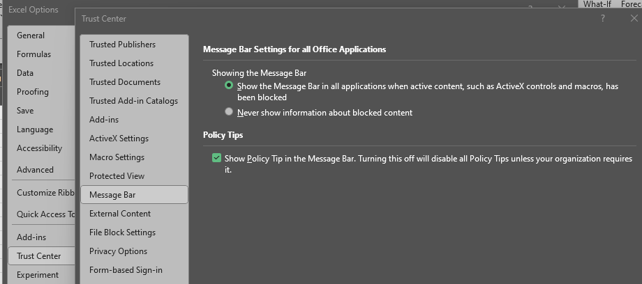 What setting do I change to display this message above the fomula bar ...
