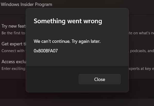 How to fix error 0x800BFA07 when joining Insider Program Windows 11 ...